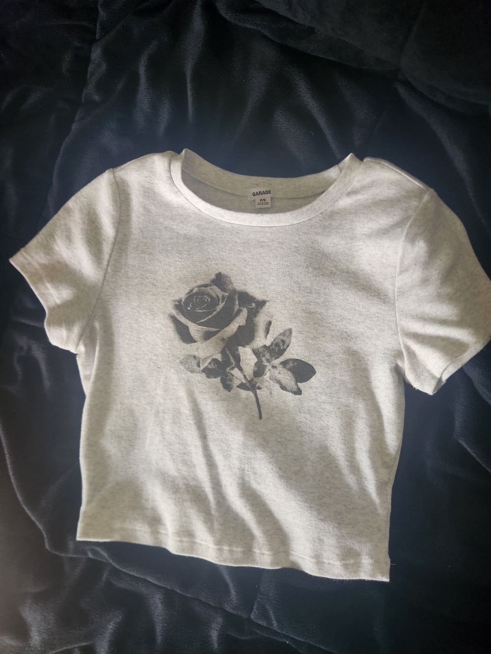 Garage White Heather Gray Tee with Black Rose Print